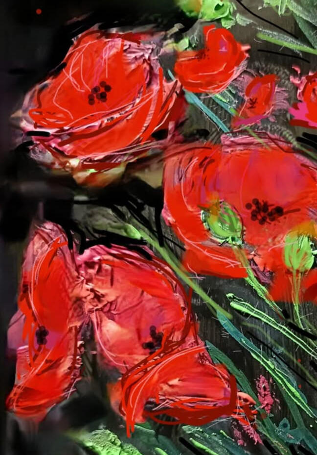 Midnight poppies miniature acrylic on drafting film SOLD. Available as a greeting card