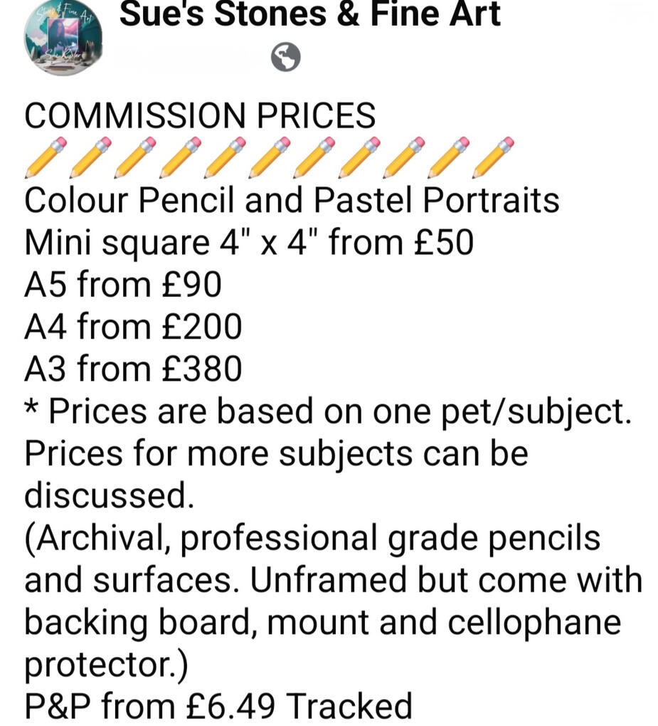 Commission information with prices. EMAIL Info@suesstonesandfineart.co.uk to discuss