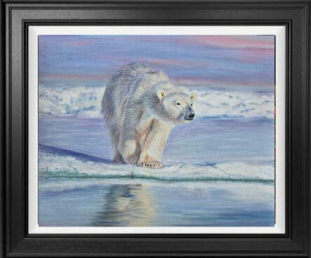 Polar bear drawing in pastel. Walking into the light on ice with blue and purple hues and a reflection in the water.